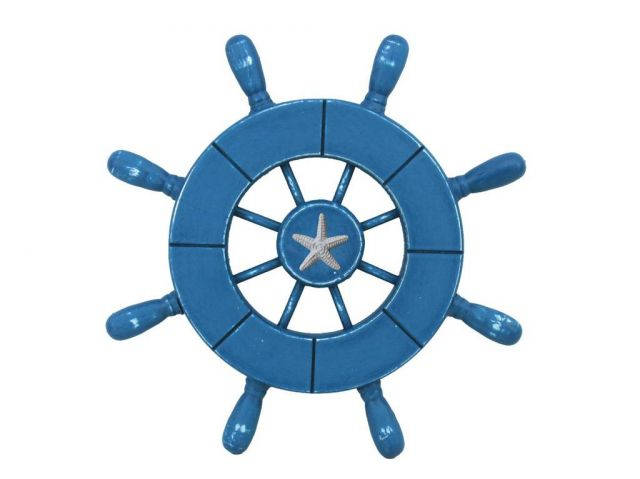 Rustic All Light Blue Decorative Ship Wheel With Starfish 9