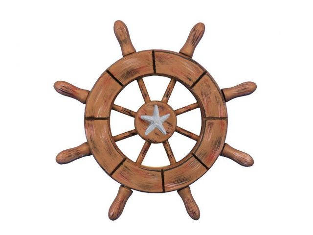 Rustic Wood Finish Decorative Ship Wheel With Starfish 6