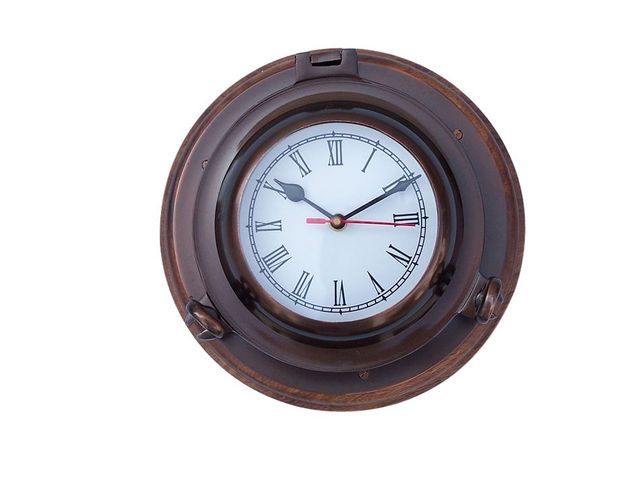 Antique Brass Porthole Clock with Rosewood Base 10