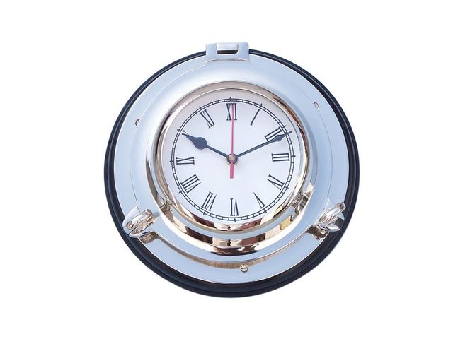 Chrome Porthole Clock with Rosewood Base 10