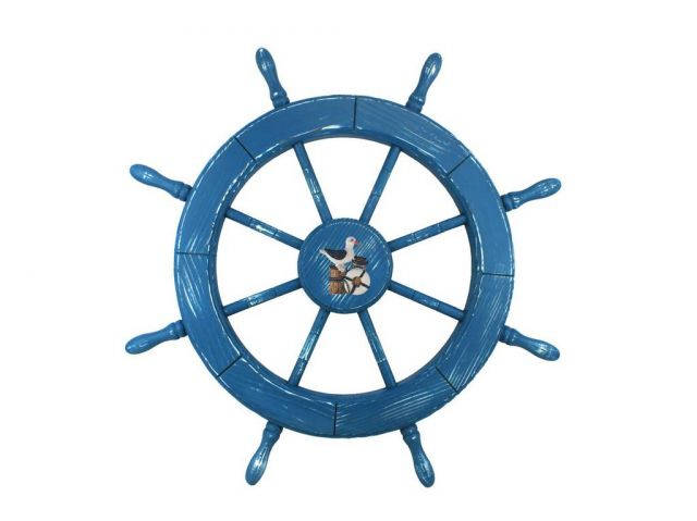 Wooden Rustic All Light Blue Decorative Ship Wheel With Seagull 30