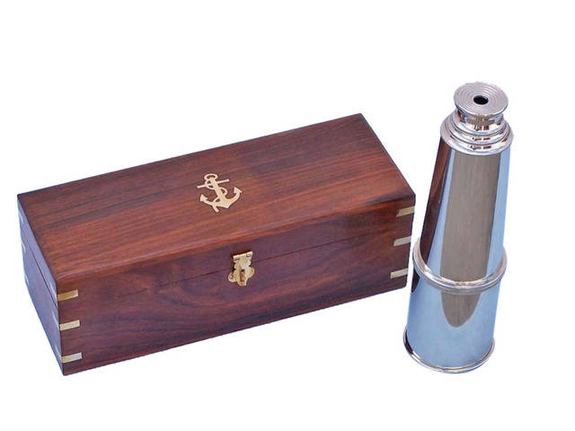 6" Nautical Marine Leather Stitched Solid Brass Spyglass/Telescope in wooden Box 