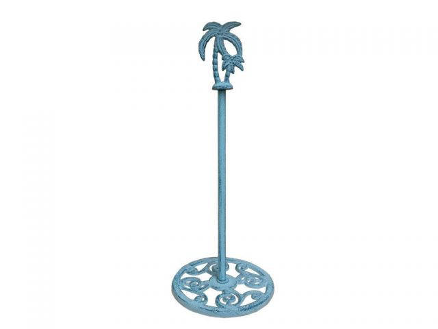 Rustic Dark Blue Whitewashed Cast Iron Palm Tree Extra Toilet Paper Stand 17