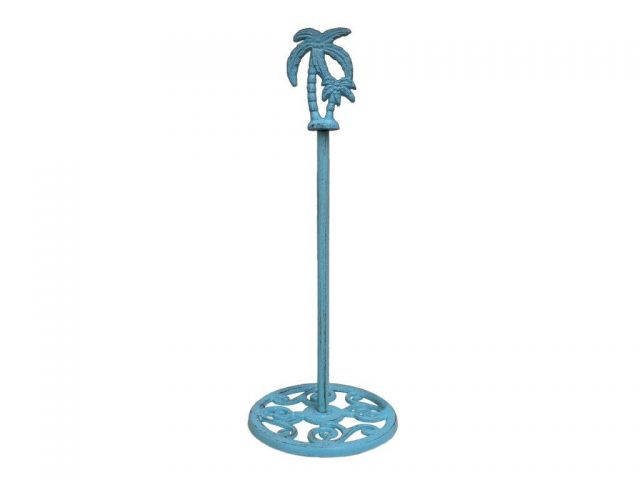 Rustic Light Blue Cast Iron Palm Tree Extra Toilet Paper Stand 17