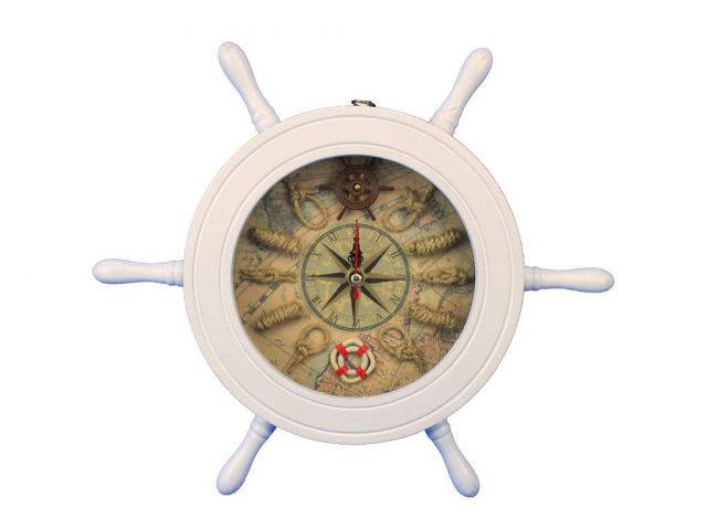 Wooden White Ship Wheel Knot Faced Clock 12