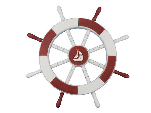 Red and White Decorative Ship Wheel with Sailboat 18