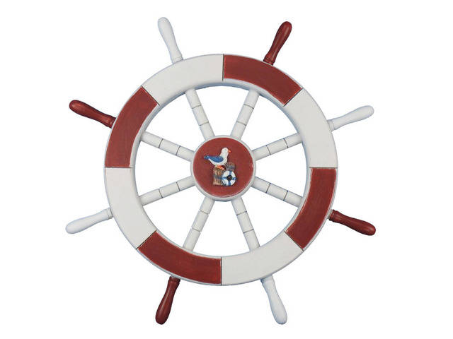 Red and White Decorative Ship Wheel with Seagull and Lifering 18