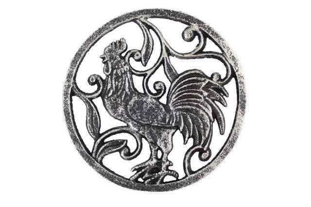 Rustic Silver Cast Iron Rooster Trivet 8