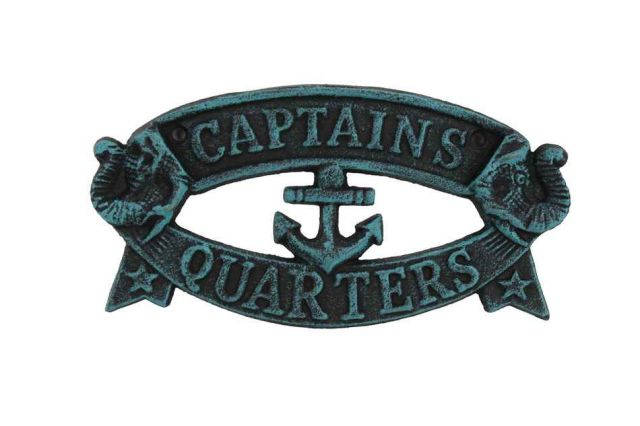 Seaworn Blue Cast Iron Captains Quarters Sign 8