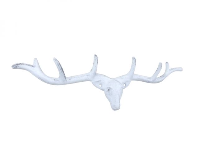 Whitewashed Cast Iron Large Deer Head Antlers Decorative Metal Wall Hooks 15
