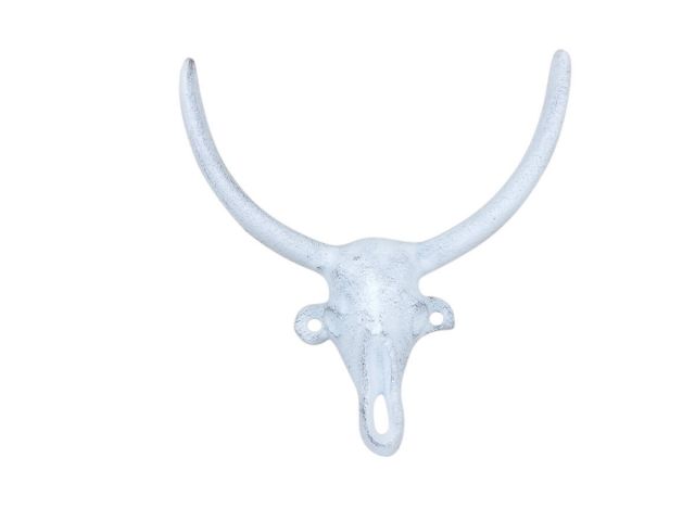 Whitewashed Cast Iron Bull Head Skull Decorative Metal Wall Hooks 6