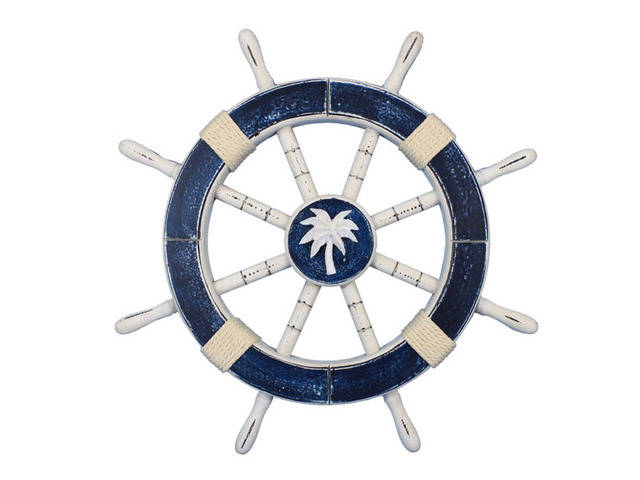 Rustic Dark Blue Decorative Ship Wheel with Palm Tree 18