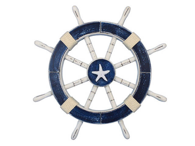 Rustic Dark Blue Decorative Ship Wheel with Starfish 18