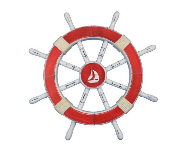 Rustic Red Decorative Ship Wheel with Sailboat 18