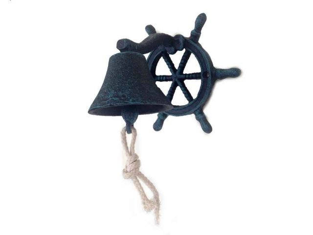 Seaworn Blue Cast Iron Hanging Ship Wheel Bell 7