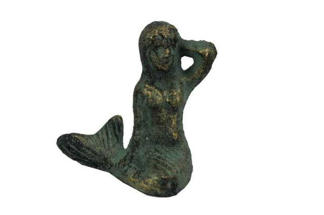 Antique Seaworn Bronze Cast Iron Sitting Mermaid 3