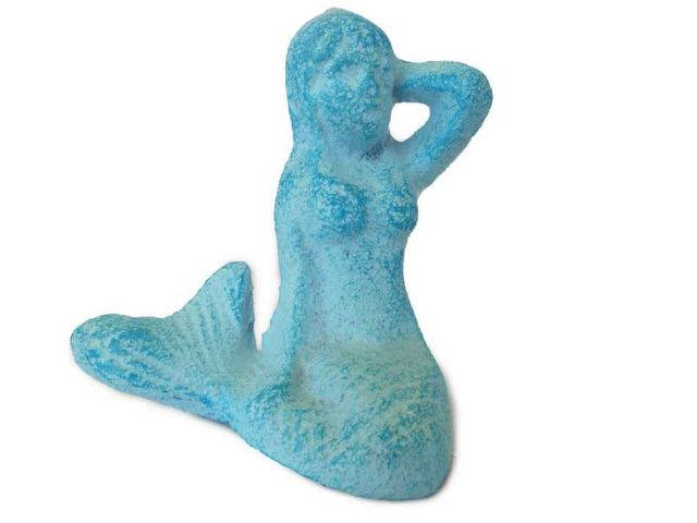 Light Blue Whitewashed Cast Iron Sitting Mermaid 3