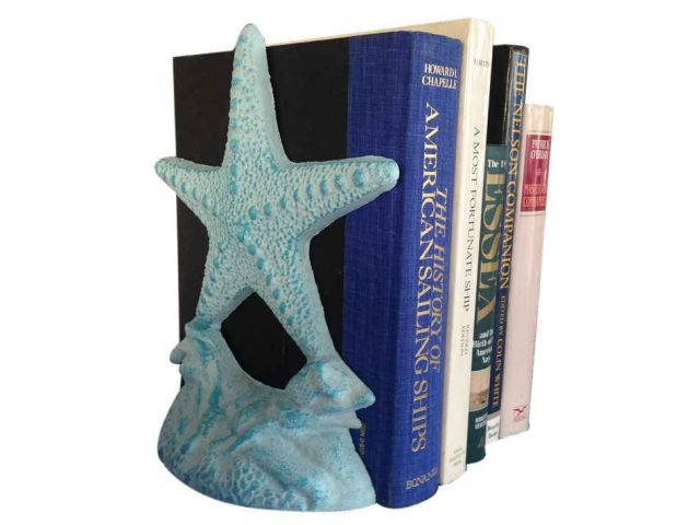 Set of 2- Light Blue Whitewashed Cast Iron Starfish Book Ends 11