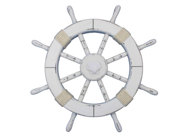Rustic White Decorative Ship Wheel with Seashell 18