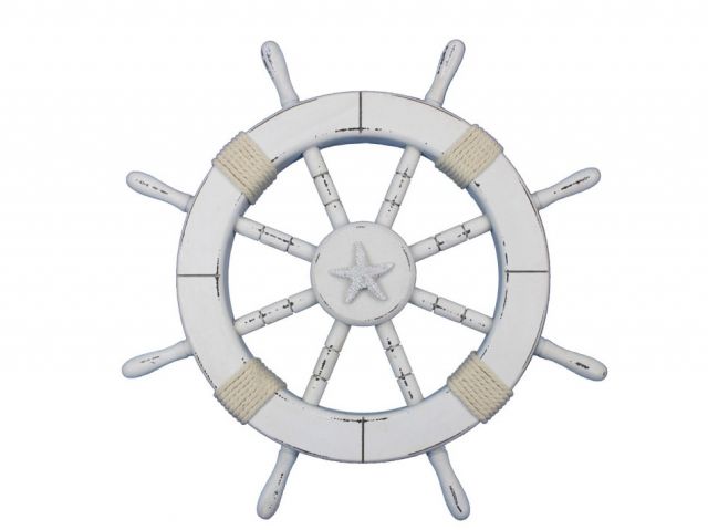 Rustic White Decorative Ship Wheel with Starfish 18