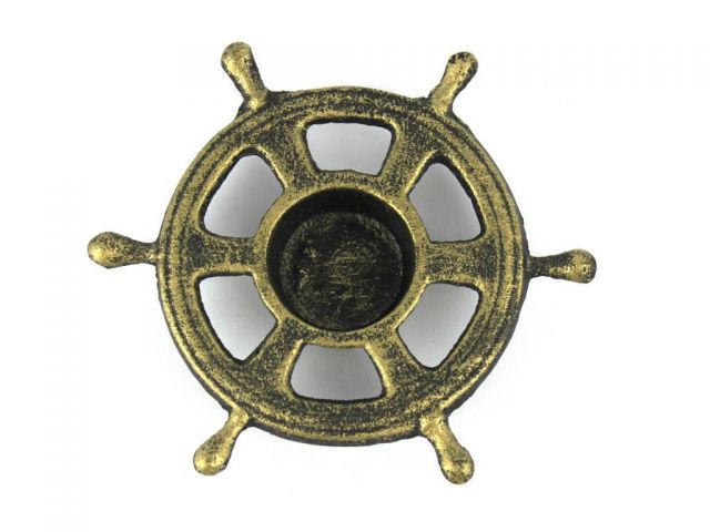 Antique Gold Cast Iron Ship Wheel Decorative Tealight Holder 5.5