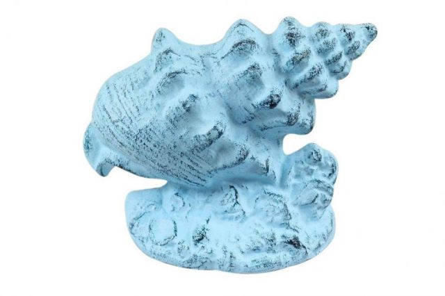 Set of 2- Dark Blue Whitewashed Cast Iron Conch Shell Book Ends 9