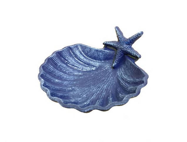 Rustic Dark Blue Cast Iron Shell With Starfish Decorative Bowl 6