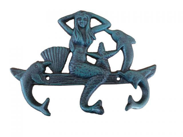 Seaworn Blue Cast Iron Wall Mounted Mermaid with Dolphin Hooks 9