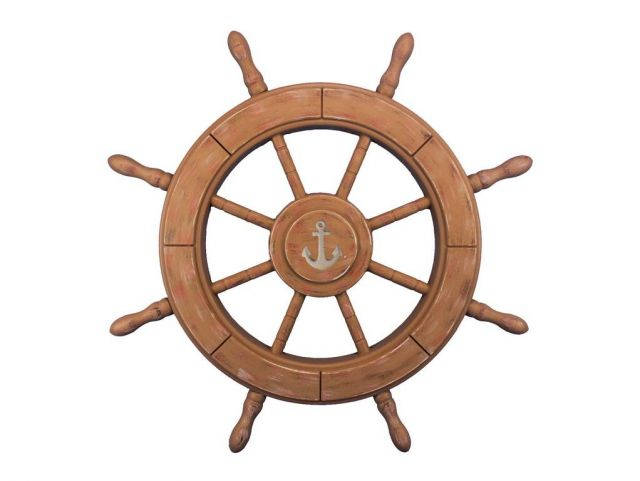 Rustic Wood Finish Decorative Ship Wheel With Anchor 24
