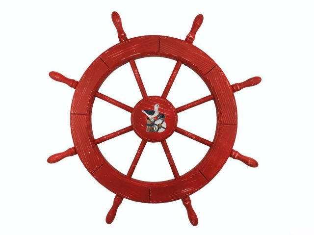 Wooden Rustic Red Decorative Ship Wheel With Seagull 30