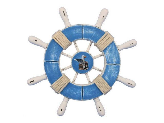 Rustic Light Blue and White Decorative Ship Wheel With Seagull 9