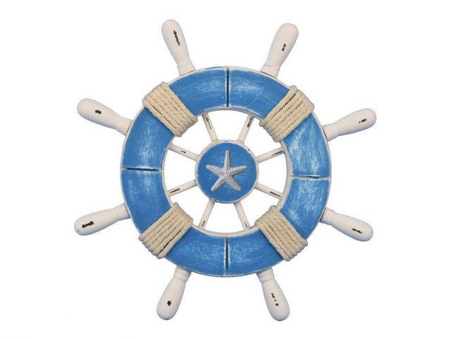 Rustic Light Blue and White Decorative Ship Wheel With Starfish 9
