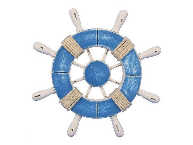Rustic Light Blue and White Decorative Ship Wheel With 9