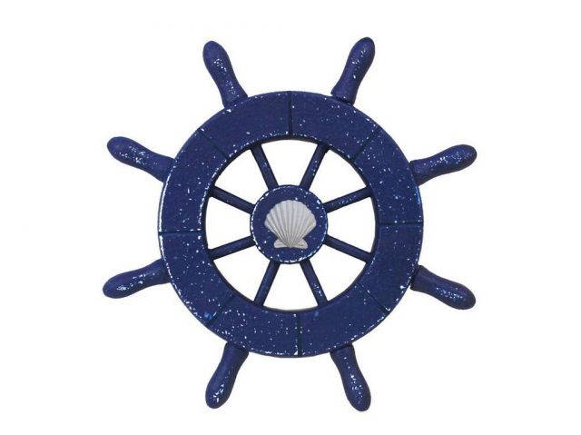 Rustic Dark Blue Decorative Ship Wheel With Seashell  6