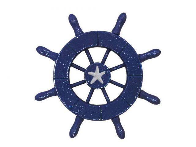 Rustic Dark Blue Decorative Ship Wheel With Starfish 6
