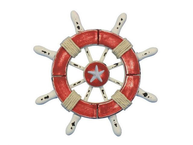 Rustic Red and White Decorative Ship Wheel With Starfish 6