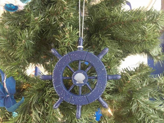 Rustic Dark Blue Decorative Ship Wheel With Seashell Christmas Tree Ornament  6