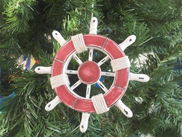 Rustic Red and White Decorative Ship Wheel Christmas Tree Ornament 6