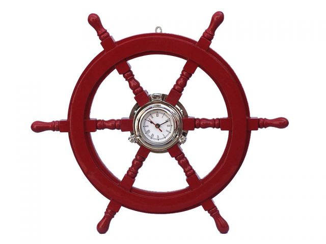 Deluxe Class Red Wood and Chrome Pirate Ship Wheel Clock 24