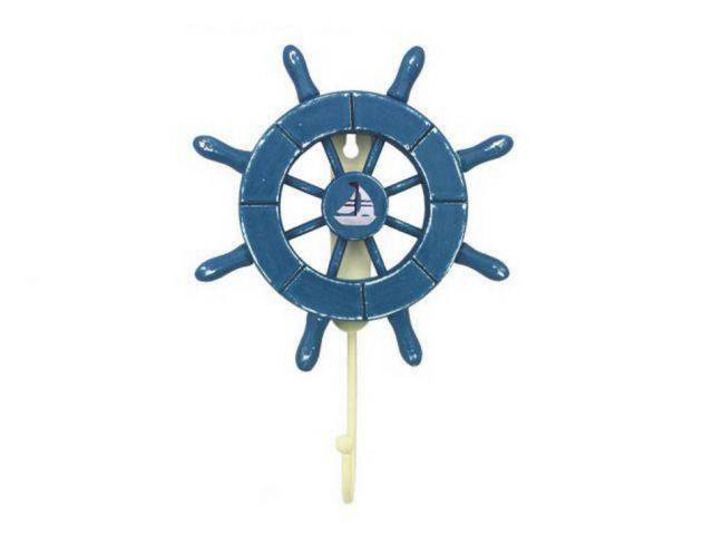 Rustic All Light Blue Decorative Ship Wheel with Sailboat and Hook 8