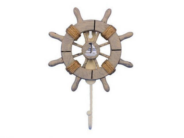 Rustic Decorative Ship Wheel With Sailboat and Hook 8