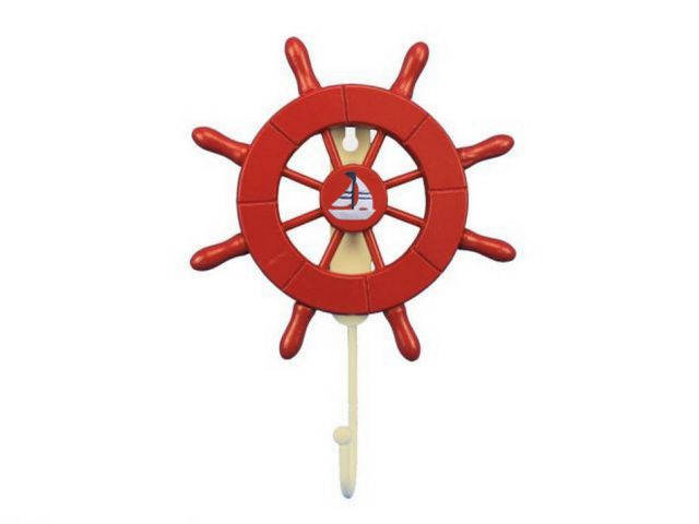 Red Decorative Ship Wheel with Sailboat and Hook 8