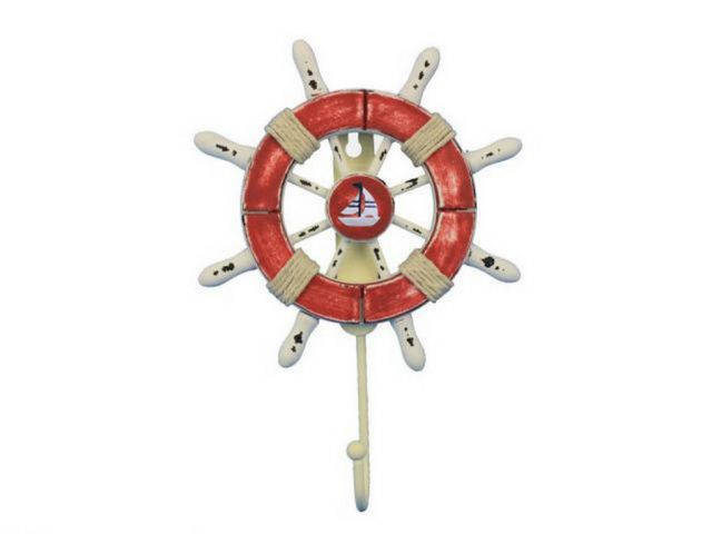 Rustic Red and White Decorative Ship Wheel with Sailboat and Hook 8