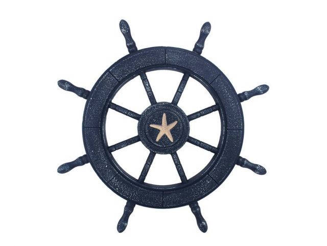 Rustic All Dark Blue Decorative Ship Wheel With Starfish 24