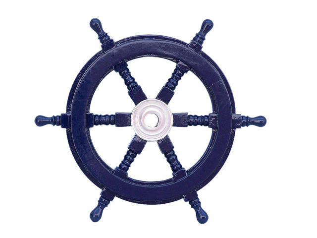 Deluxe Class Dark Blue Wood and Chrome Decorative Ship Steering Wheel 12
