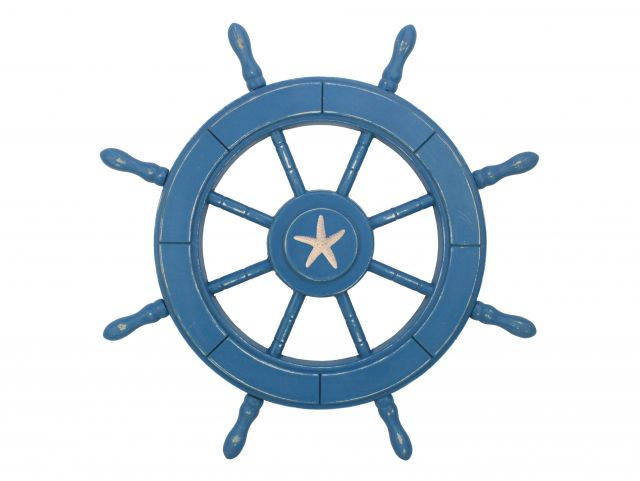 Rustic All Light Blue Decorative Ship Wheel With Starfish 24