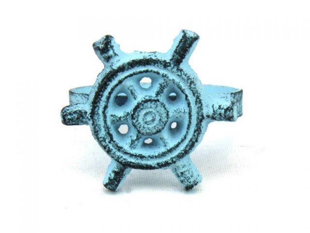 Dark Blue Whitewashed Cast Iron Ship Wheel Napkin Ring 2 - set of 2