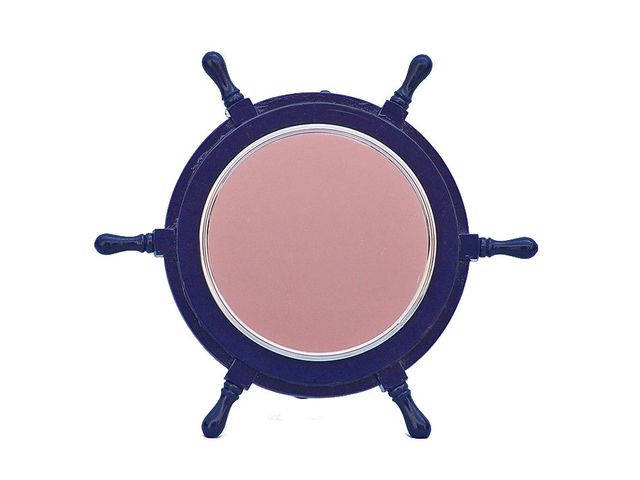 Deluxe Class Dark Blue Wood and Chrome Ship Wheel Mirror 16