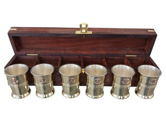 Brass Anchor Shot Glasses With Rosewood Box 12 - Set of 6