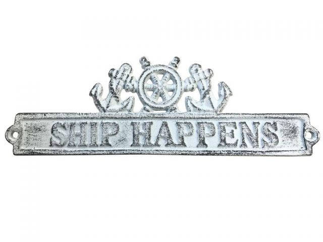 Whitewashed Cast Iron Ship Happens Sign with Ship Wheel and Anchors 9